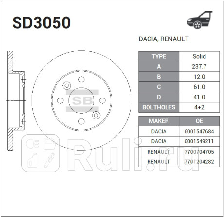 SD3050 - Диск тормозной передний (HI-Q) Renault Symbol 1 (1999-2002) для Renault Symbol (1999-2002), HI-Q, SD3050